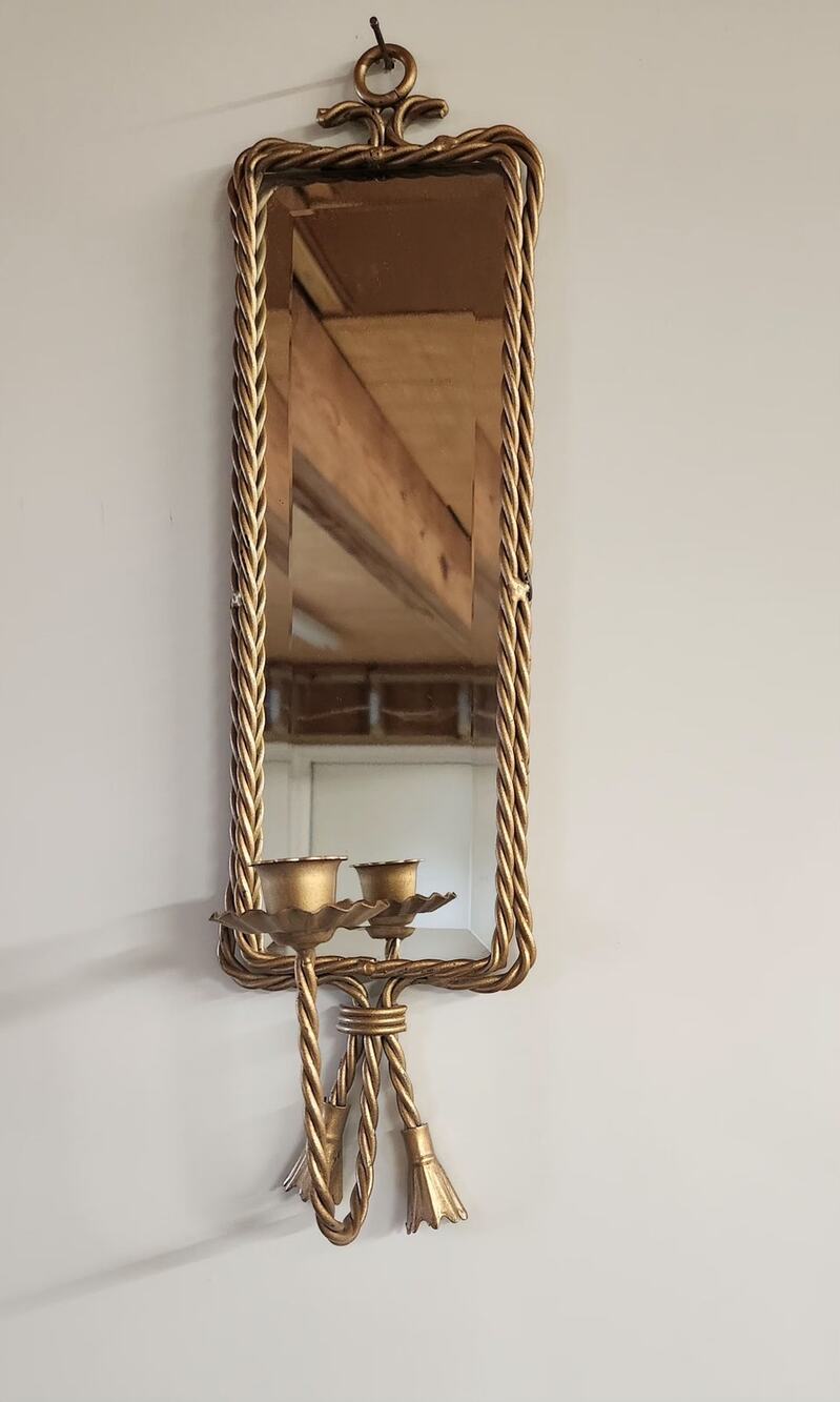 Vtg Hollywood Regency Brass Beveled Mirror Twisted Rope Wall Candle Sconce 17.5"
